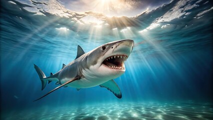Fototapeta premium Description: A dramatic image of a shark with its mouth open just below the sea surface, creating leading lines