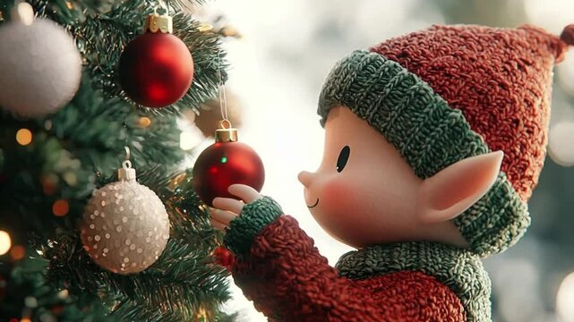 Christmas Elf Decorating Tree. A cute Christmas elf decorates a Christmas tree with red ornaments.  