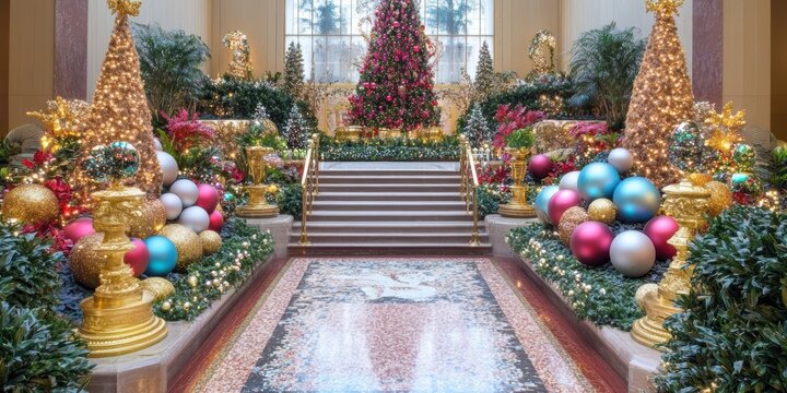 A beautifully decorated and festive indoor scene showcasing an extravagant Christmas display with colorful ornaments and twinkling lights