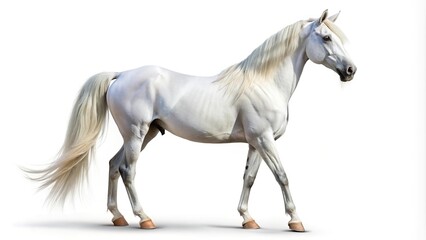 White Arabian horse isolated on white background with clipping path, wide-angle shot, full depth of field focus stacking