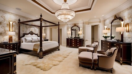 Charming bedroom with geometric wallpaper and cozy lighting elements