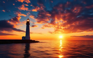 Stunning lighthouse at sunset with colorful clouds over the ocean. © Ai Stock Lab
