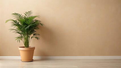Description: A natural oasis potted plant enhancing the serenity of a beige wall in a medium shot