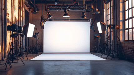 spacious photo studio featuring white backdrop and professional lighting setup, ideal for creative