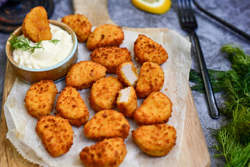 Crispy  deep fried   chicken  popcorn  nuggets and french fries . Breaded  with Cornflakes chicken  Breast fillets  with chilly peppers and fresh   basil on wooden rustic background