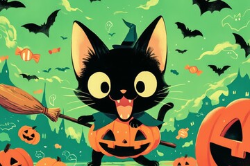Cute Black Cat with Pumpkin for Halloween.