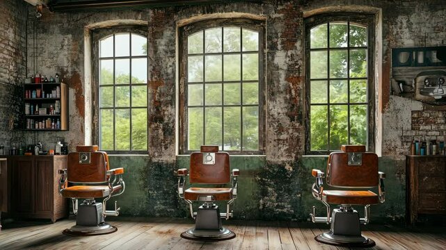 Three barber chairs sit in a vintage barbershop with large windows overlooking a tree-lined street