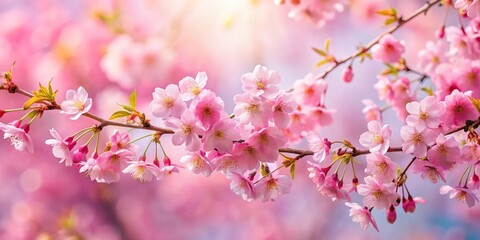 Obraz premium Pink cherry blossoms on soft pastel background with wide-angle perspective