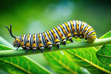 colorful caterpillar, munching, green leaves, minimalist