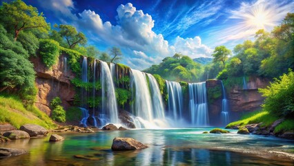 Fototapeta premium Wide-angle waterfall painting in oil