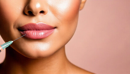 Close-up of a young adult caucasian woman&rsquo;s lips receiving cosmetic filler injection with a syringe and needle, a beauty and dermatology treatment procedure in a professional clinic setting