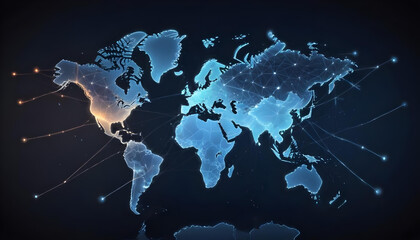 Fototapeta premium A digital world map with glowing lines connecting different regions, representing global connectivity and communication networks