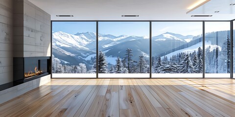 Modern living room with panoramic view of mountains