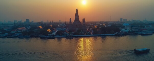 Fototapeta premium Stunning sunset view of Wat Arun temple in Bangkok, Thailand, with reflections on the Chao Phraya River. Free copy space for text.