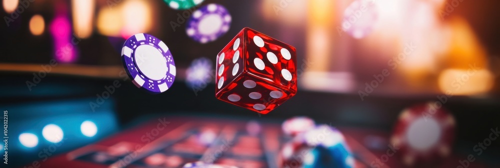 Poster red dice soar mid-air above a craps table filled with scattered chips, capturing a thrilling moment 