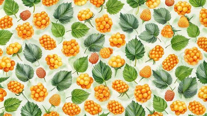 Colorful cloudberries and leaves seamless pattern