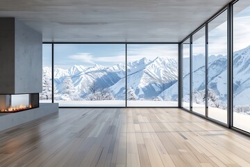 Modern living room with panoramic view of mountains