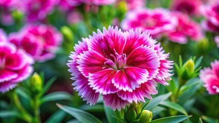 Obraz premium Pink Dianthus flower blooming in garden with symmetrical background