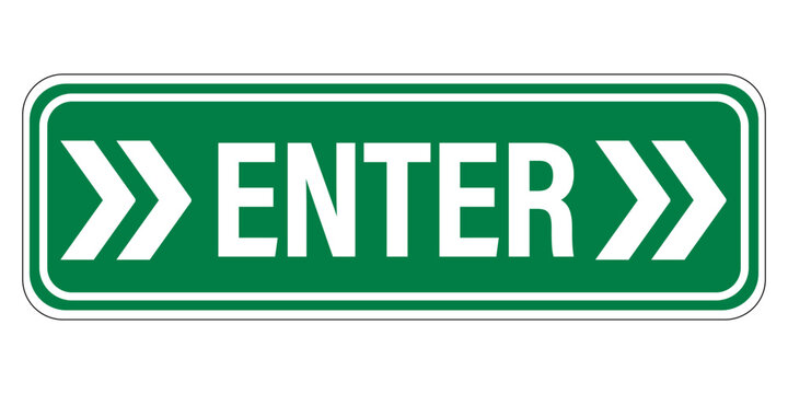Enter sign with two right arrows on both side of the word enter. Green background, horizontal shape. Sticker.