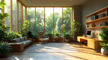 A peaceful, 3D-rendered wellness retreat featuring Zen garden elements like smooth rocks and raked sand, arranged in repeating concentric circles.