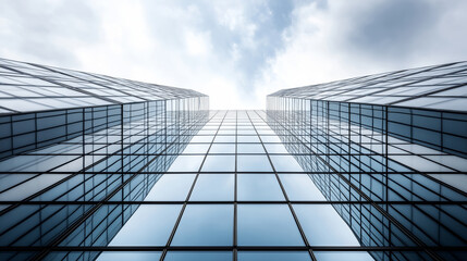 Sunny day in a modern cityscape with tall glass office buildings reflecting the lively business world