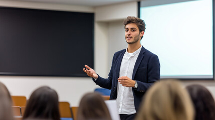 Young professor making hand gestures during a lecture in a university classroom