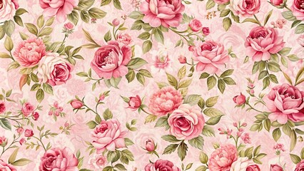 Pink floral pattern vintage wallpaper featuring an asymmetrical design reminiscent of pink roses