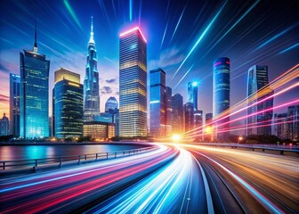Fototapeta premium Smart Digital City Skyline with High-Speed Light Trails Representing Data Transfer and Cloud Connectivity for