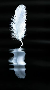 Floating white feather gliding gracefully on calm water surface