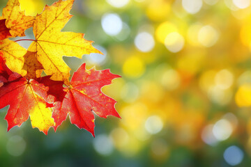 Fototapeta premium Autumn template with red maple leaves and sunlight