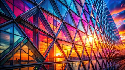 Fototapeta premium Colorful crystal geometric patterns on glass building texture under neon lights and sunset glass building texture Tilted Angle