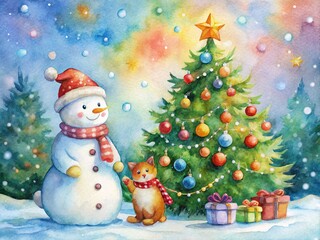 Snowman with Christmas Tree and Happy Cat Watercolor Illustration for New Year Celebration