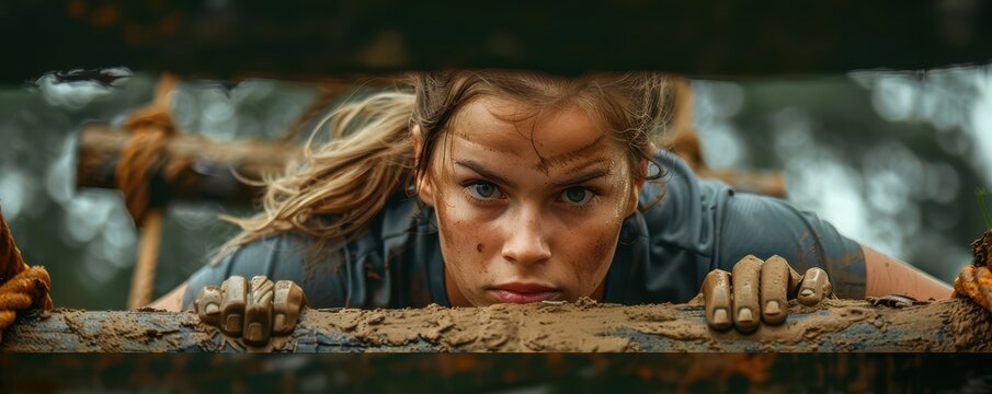 Athletic woman determinedly participating in an obstacle course race, crossing a wooden hurdle.