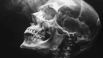 Captivating X-ray image showcasing detailed skull structure on black background with contrasting neon colors textures