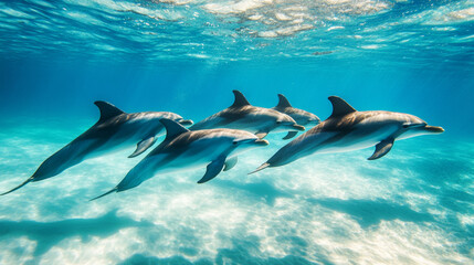 Fototapeta premium Dolphins gracefully gliding through crystal-clear tropical waters, with sunlight shining through the turquoise sea to create a stunning backdrop