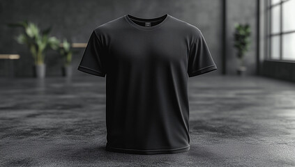 black t-shirts mockup on gray background showcasing simple and modern design for branding and apparel presentations