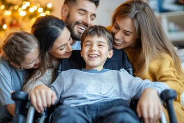 Happy Caucasian family gathered around a boy in a wheelchair celebrating together