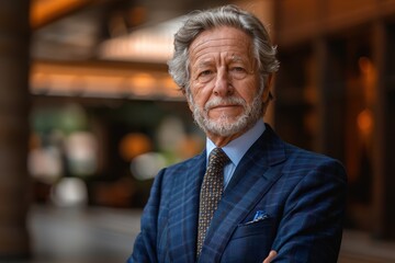 This distinguished gentleman, elegantly dressed in a classic blue suit with a confident expression, stands in an upscale and modern indoor setting, embodying sophistication and poise