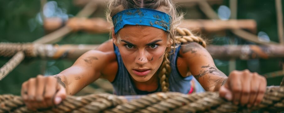 Athletic woman determinedly participating in an obstacle course race, crossing a wooden hurdle.