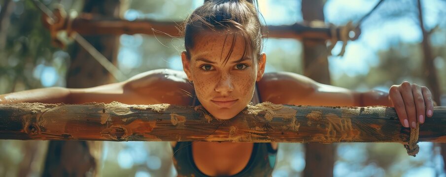 Athletic woman determinedly participating in an obstacle course race, crossing a wooden hurdle.