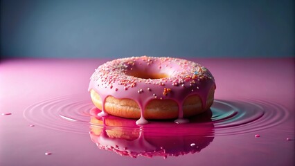 Pink frosted donut with icing falling into puddle