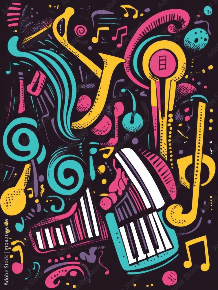 Aufkleber a collection of playful doodles including musical instruments, notes, and sound waves, showcasing cr