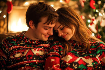 Capturing the warmth of love a cozy holiday moment with a couple in festive sweaters by the fireplace