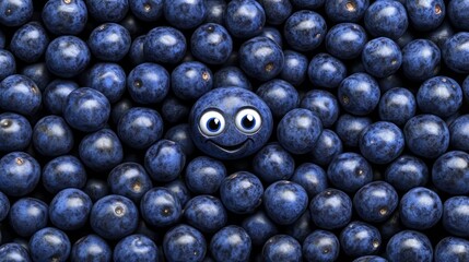 A smiling blueberry with eyes in a field of blueberries.