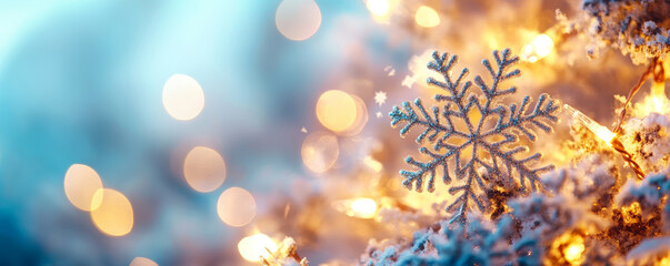 Silver snowflake ornament hanging on a snow covered christmas tree with warm glowing lights