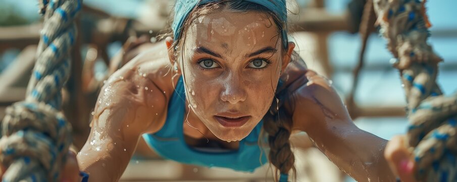 Athletic woman determinedly participating in an obstacle course race, crossing a wooden hurdle.