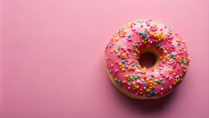 Pink glazed donut with colorful sprinkles on a white background