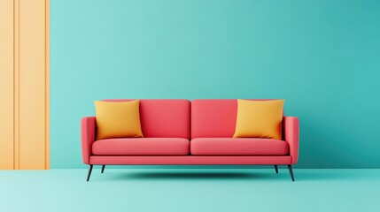 Modern pink sofa with yellow cushions against a colorful background.