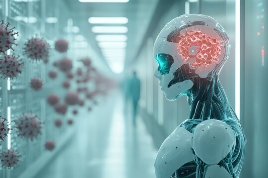 Futuristic robot observing a data center while monitoring virus activity in a high-tech environment - Powered by Adobe
