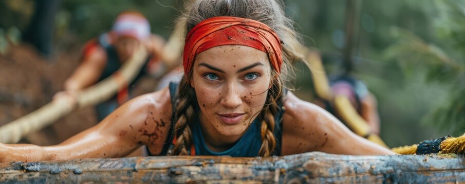Athletic woman determinedly participating in an obstacle course race, crossing a wooden hurdle.